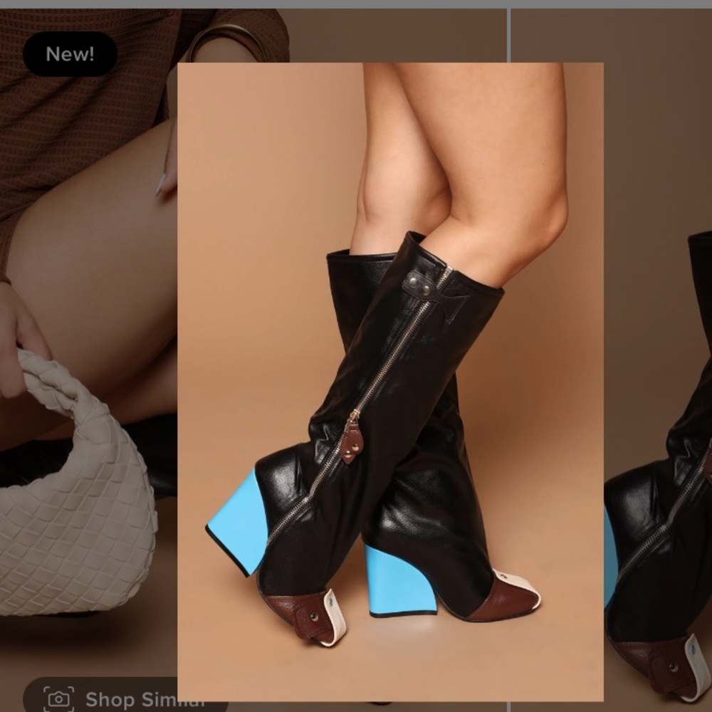 Black Leather Knee Boots with Blue Wedge Heel - Picture 6 of 10